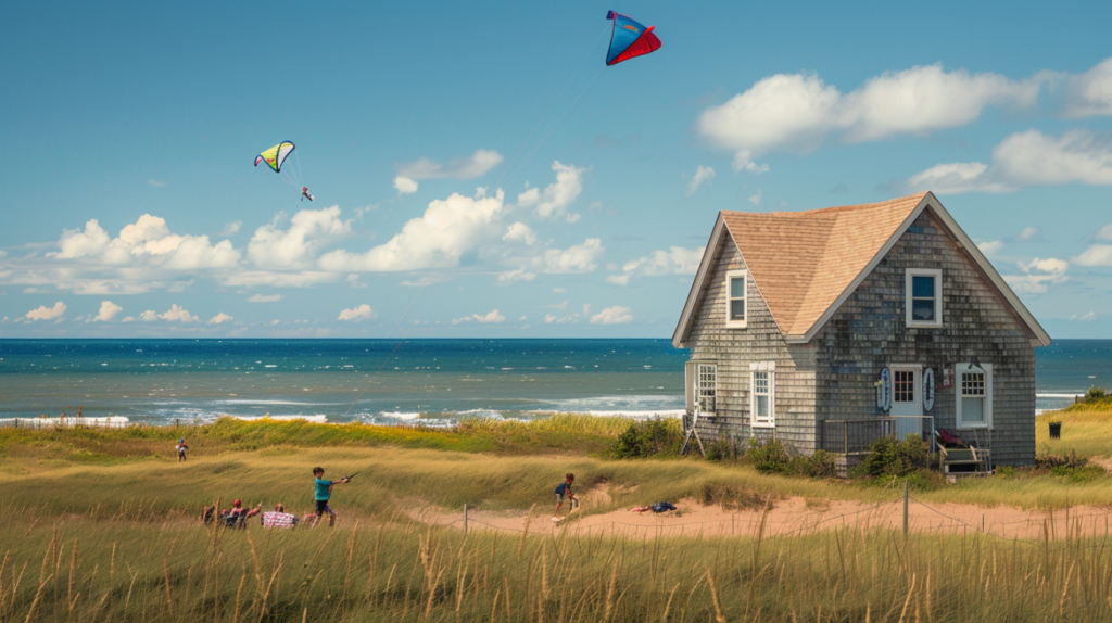 A picturesque coastal cottage in PEI with children flying kites on the beach.