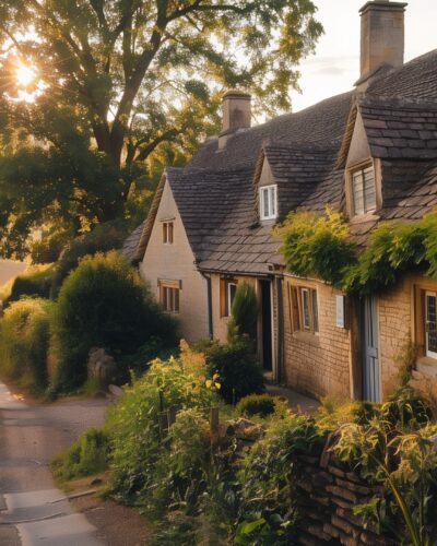 Escape to a cozy haven in the Cotswolds, where rustic elegance meets evening tranquility.
