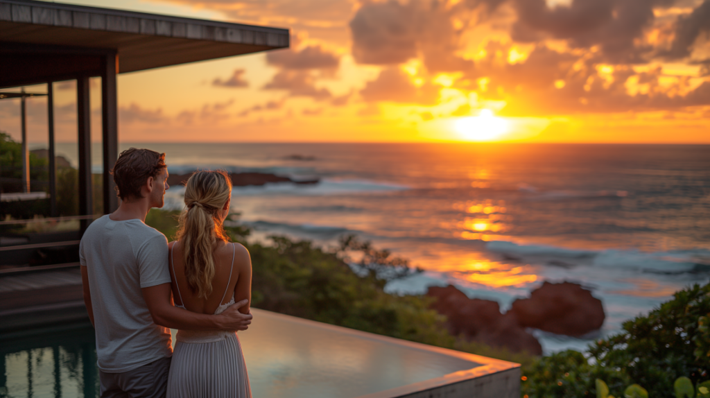 A couple enjoying a sunset from the balcony of a Pacific Coastline cottage overlooking the serene ocean.