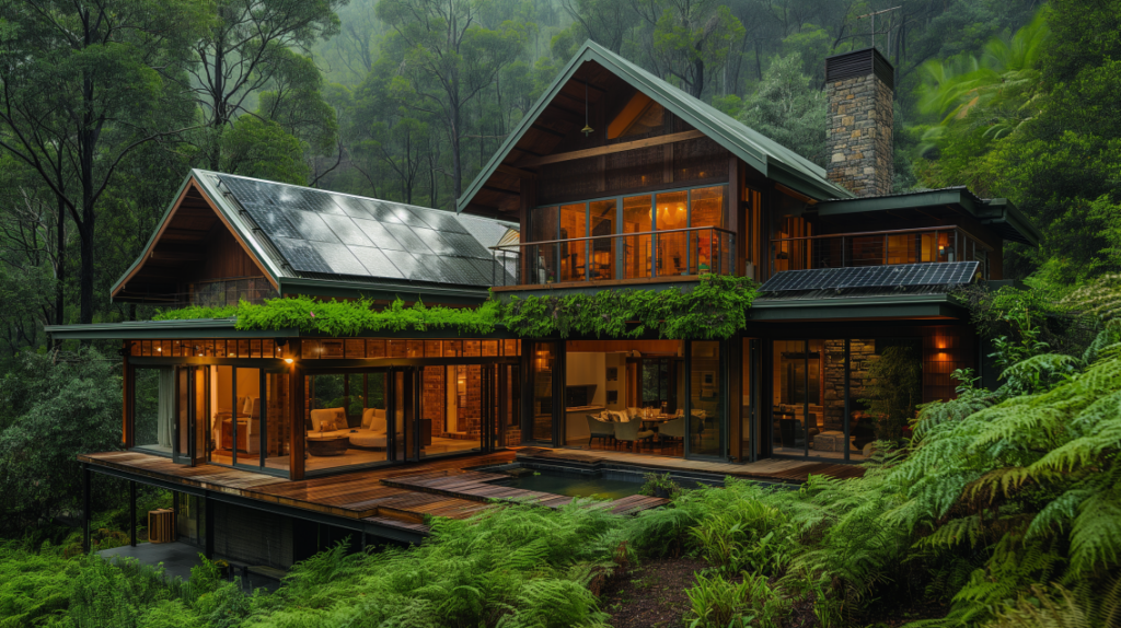 A luxurious eco-friendly cottage with solar panels and a green roof, surrounded by a lush forest.
