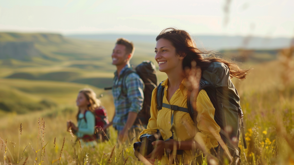 A family hiking through lush prairies, enjoying the vast landscape in the Prairies.