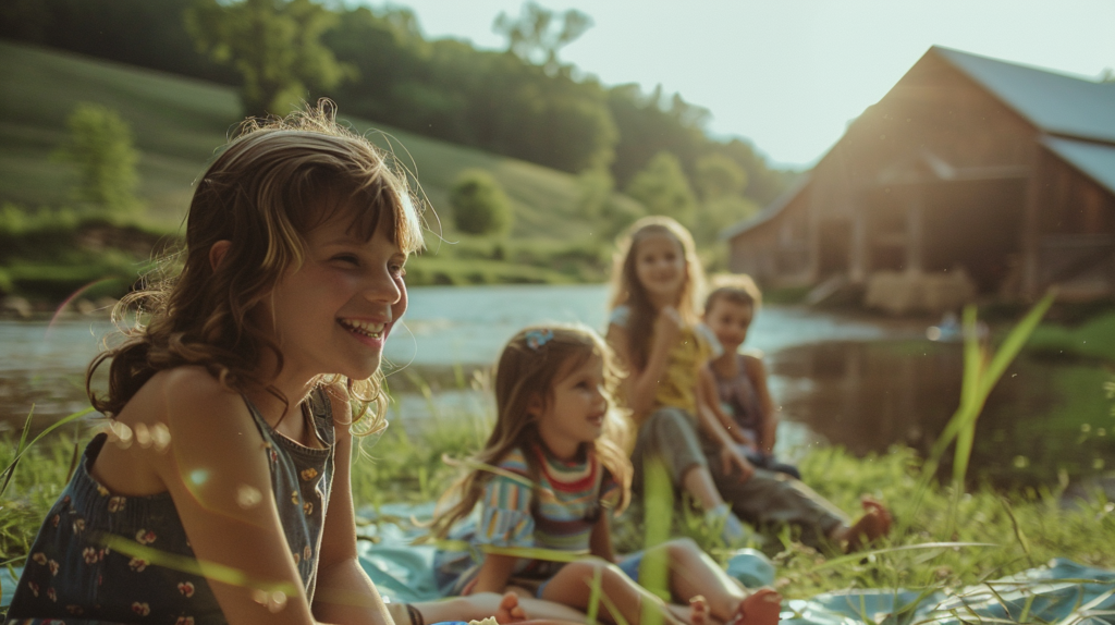 A family picnic at Comfort Acres, enjoying river views and rustic charm in Texas Hill Country.