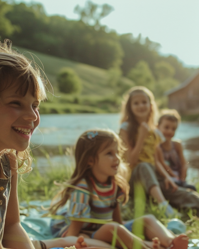A family picnic at Comfort Acres, enjoying river views and rustic charm in Texas Hill Country.
