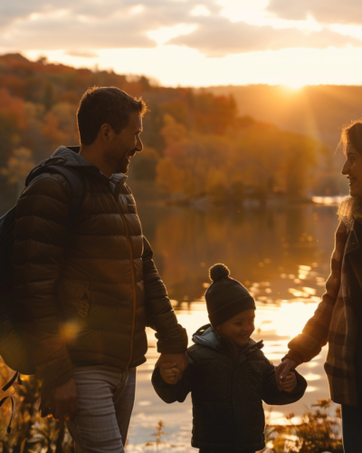 A family enjoying a sunset by Keuka Lake, holding hands on a peaceful evening.