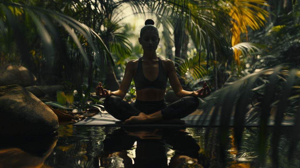 A person practicing yoga in a lush jungle setting, looking serene and focused.