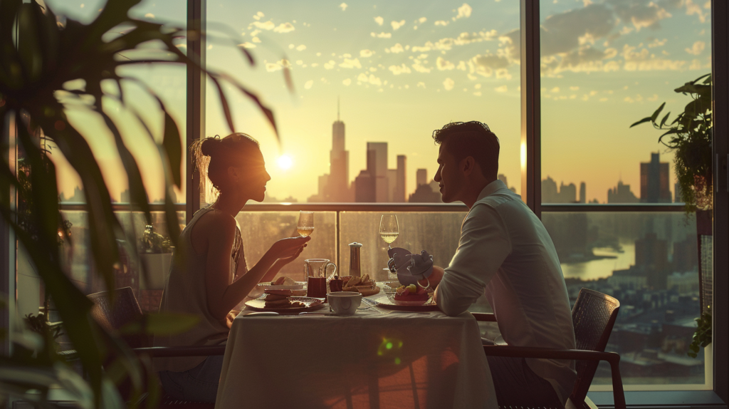 A couple enjoying breakfast in a cozy city cottage, NYC skyline visible through the window.