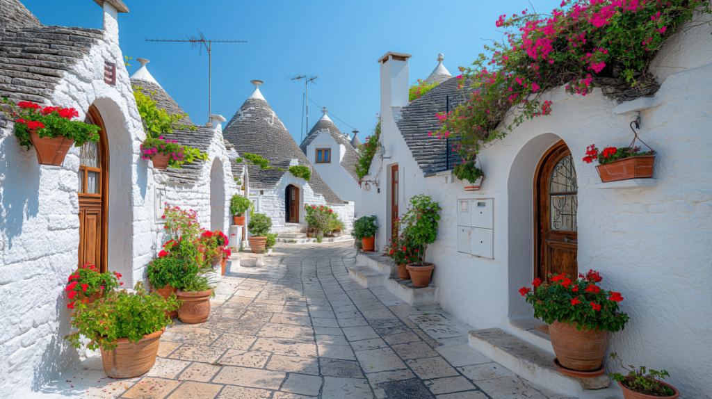Trulli houses in Alberobello, Italy, showcasing their unique conical roofs.