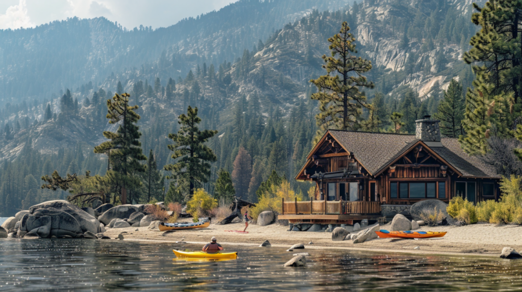 A charming cottage at Lake Tahoe with kayaks on the shore and a couple paddling.