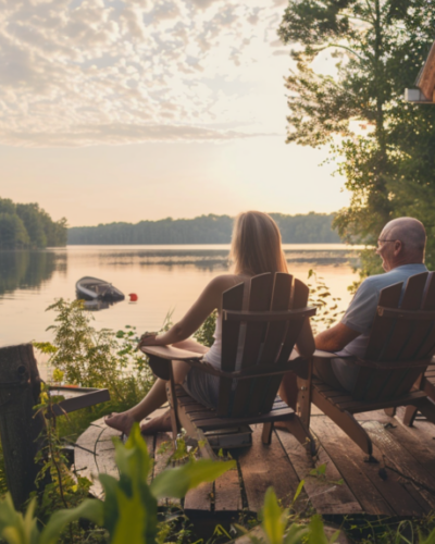 A couple enjoying a serene lakeside view at a Northwoods cottage in Wisconsin.