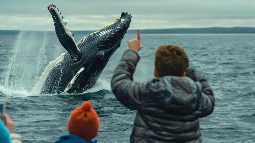 A family excitedly pointing at a humpback whale breaching near their tour boat in the Bay of Fundy.