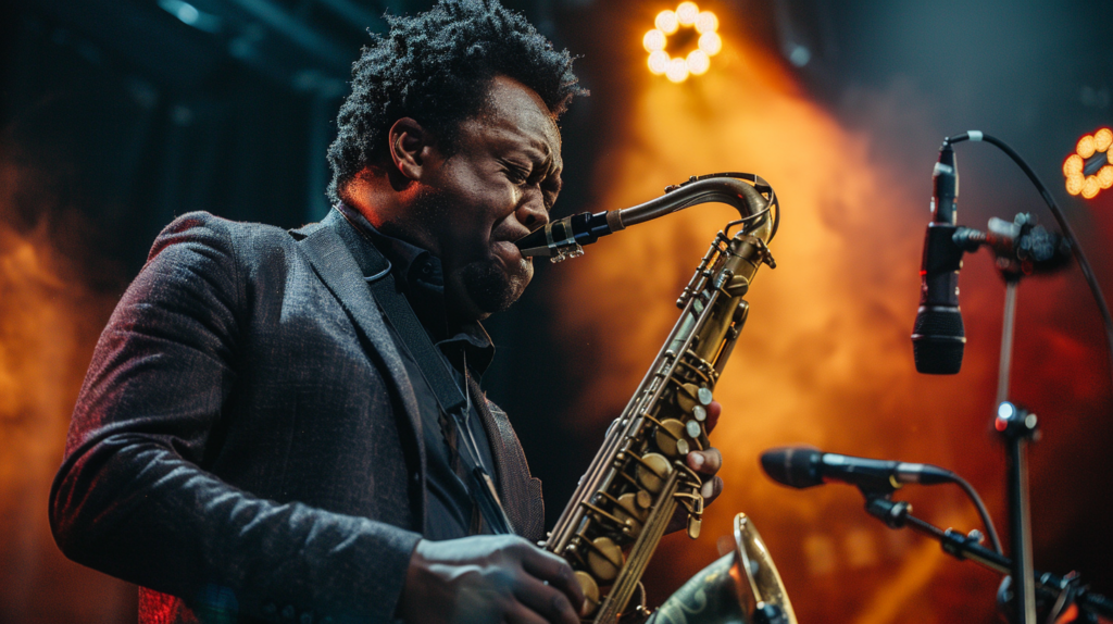 A jazz musician passionately playing the saxophone on stage at Montreux Jazz Festival, Switzerland.