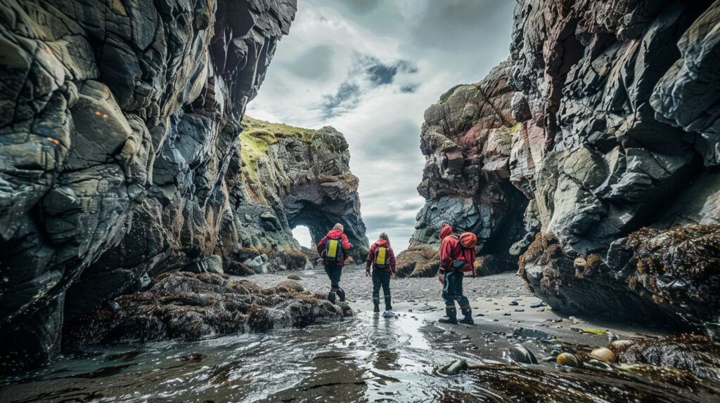 Adventurers exploring sea caves at low tide in St. Martins, smiling and marveling at geological formations.