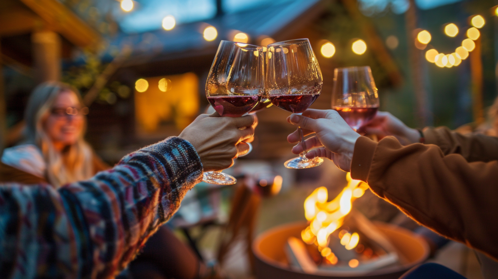 Friends toasting wine glasses by a cozy cottage in Benton, laughter by the fire pit.