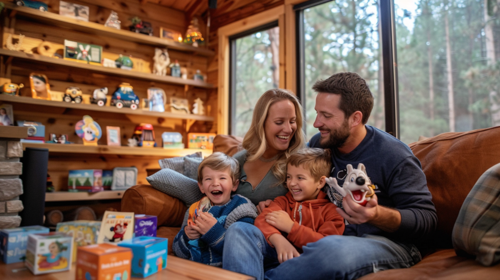 Families laughing in a cozy cottage living room with Disney souvenirs, Sherwood RV Forest Resort.