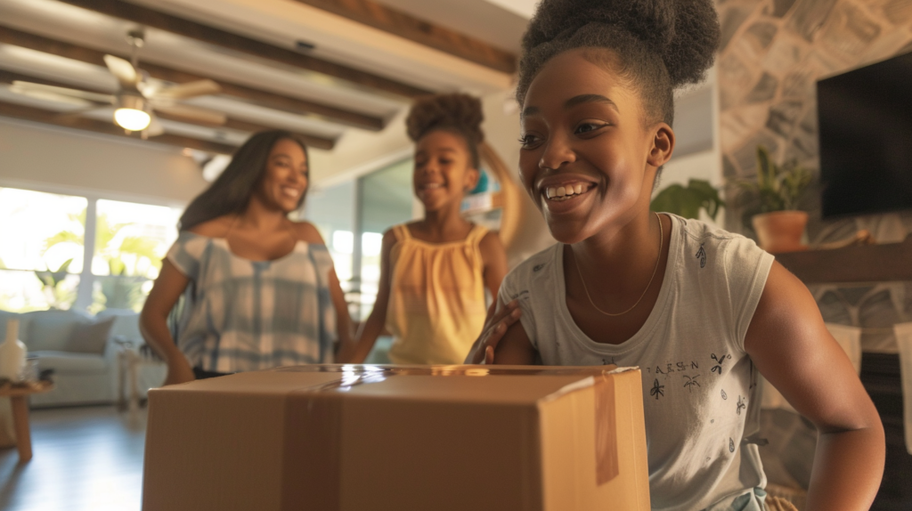 A family smiling while unpacking in a chic, modern cottage near Magic Kingdom, community pool in view.
