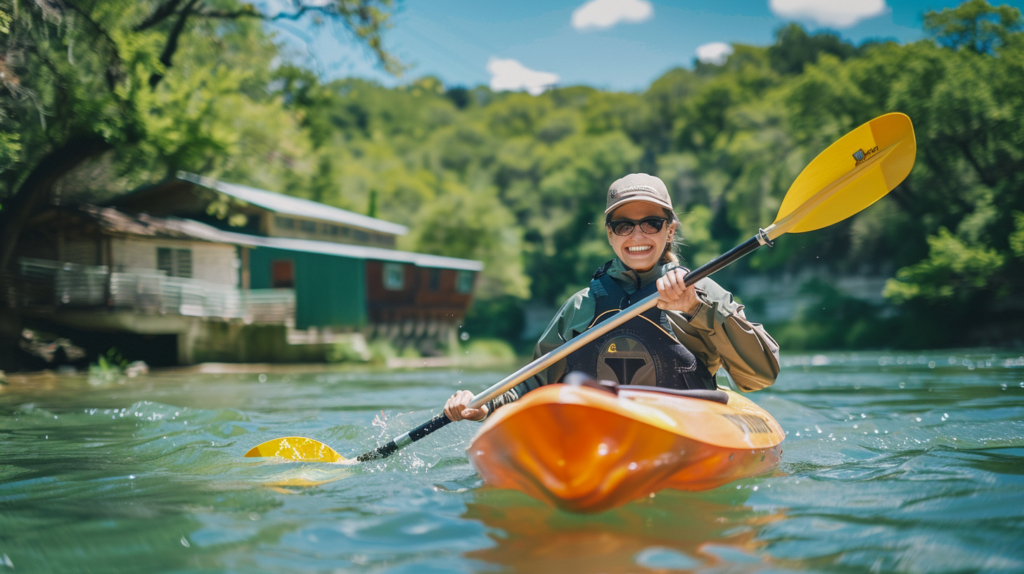A person kayaking on the Guadalupe River with Rio Tiempoโs Green Cottage in Texas Hill Country.