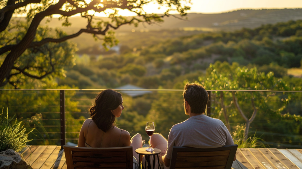 A couple enjoying wine on a private deck with Hill Country views at Paris Cottage, Fredericksburg