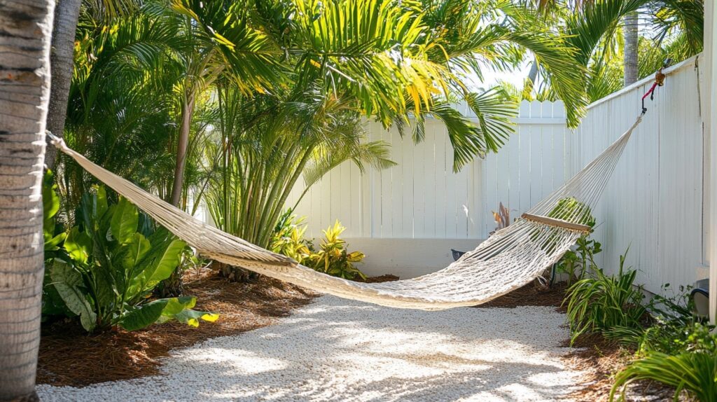 Relaxing backyard scene at a Navarre Beach Florida Cottage Rental with a hammock