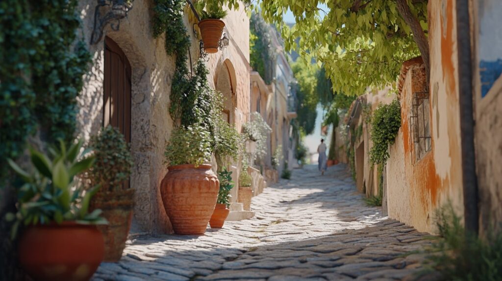 Traveler walking through a cobblestone lane near Positano Italy Vacation Cottages