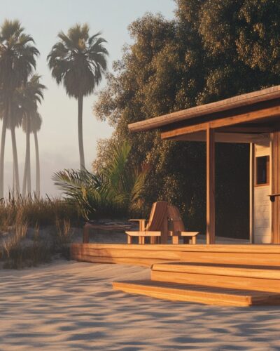Exterior view of San Diego Cottage Rentals with surfboards and palms